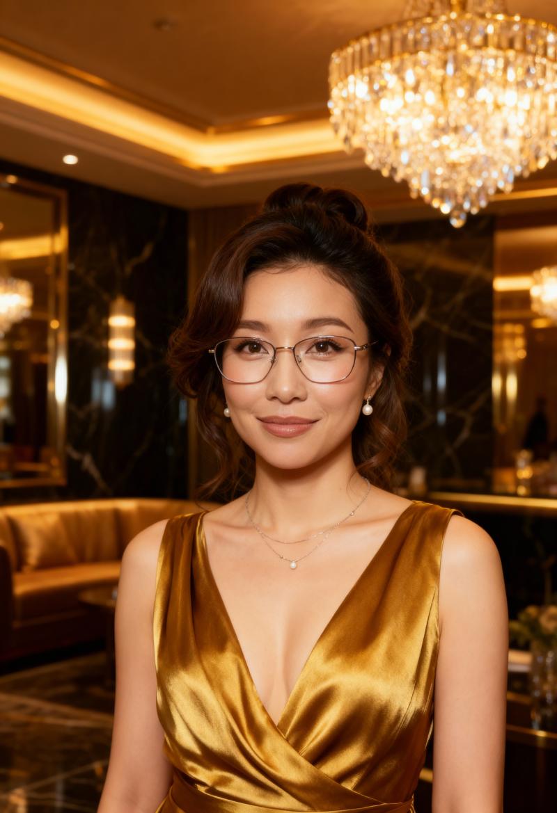 ポートレートカメラの角度から撮影された、豪華なホテルのロビーにいる若い女性の写実的な...。