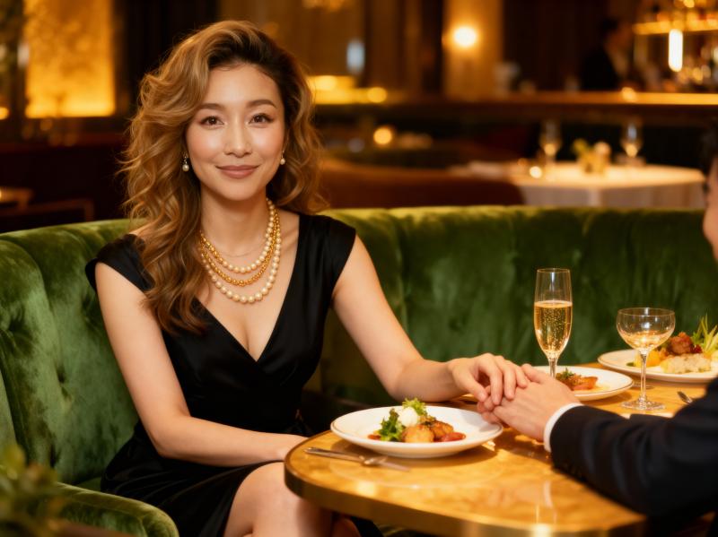 高級レストランのテーブルに座り、黒いドレスと真珠のネックレスを身に着け、後ろの男性と...。