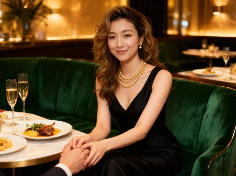 高級レストランのテーブルに座り、黒いドレスとパールを身に着け、カメラに向かって微笑む...。
