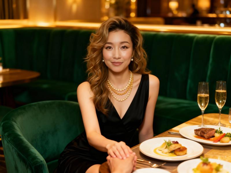 高級レストランのテーブルに座り、黒いドレスと真珠のネックレスを身に着けている女性を正...。