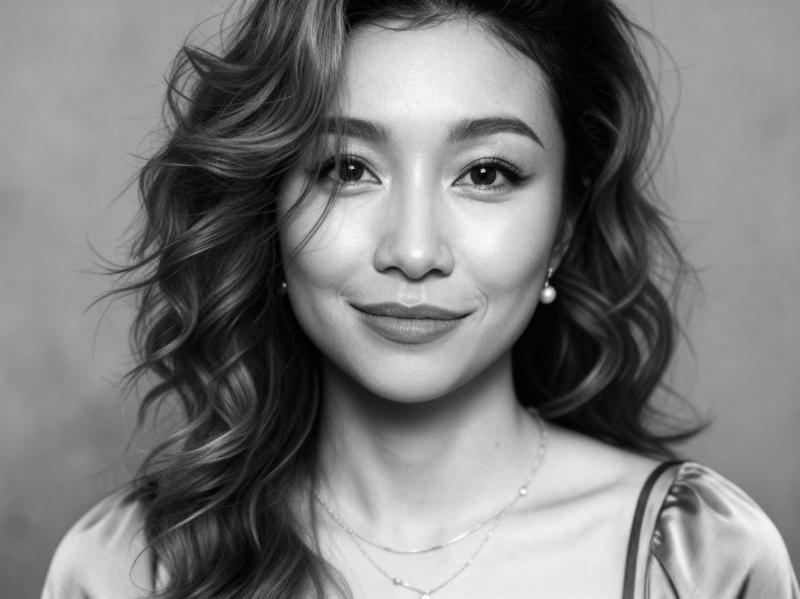 ウェーブのかかった濃い茶色の長い髪と中性的な表情を持つ若い女性の白黒のポートレート。