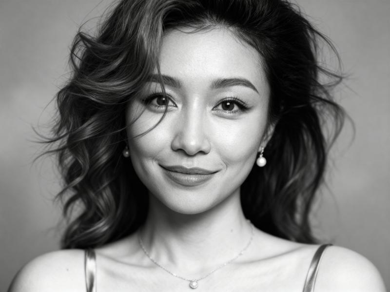 ウェーブのかかった黒髪の若い女性が、温かく魅力的な笑顔でカメラを直接見つめている白黒...。