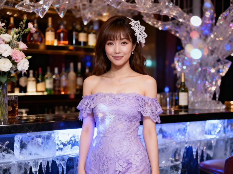 ラベンダーのレースのドレスを着てバーの前に立つ若い女性を正面カメラのアングルから写実...。