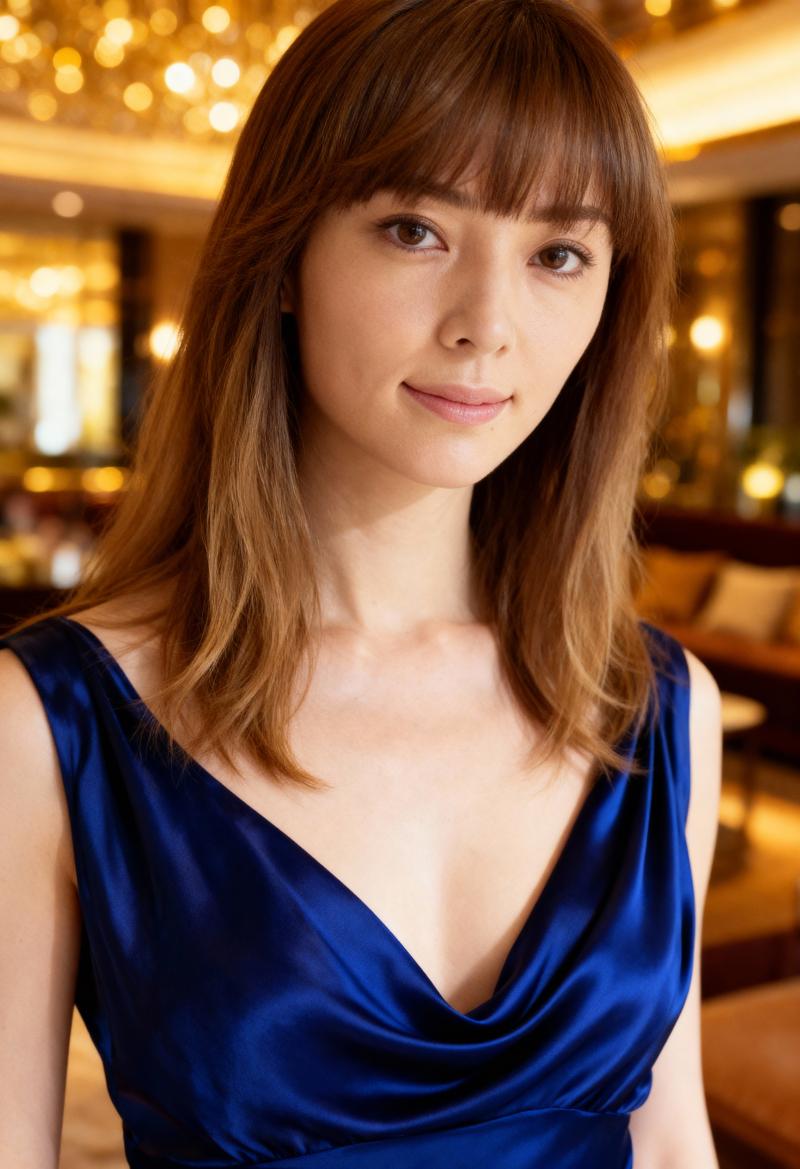 青いシルクのドレスを着た、長くまっすぐな茶色の髪と前髪を持つ若い女性のポートレート。