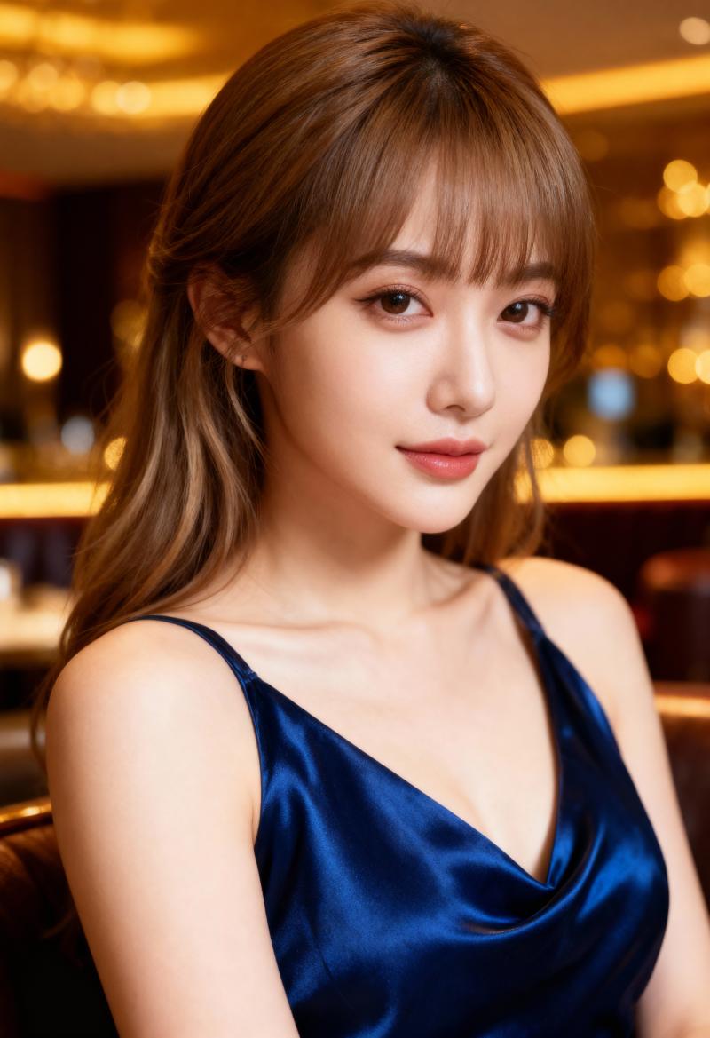 青いサテンのドレスを着た、長く真っ直ぐな明るい茶色の髪と前髪を持つ若い女性の写実的な...。