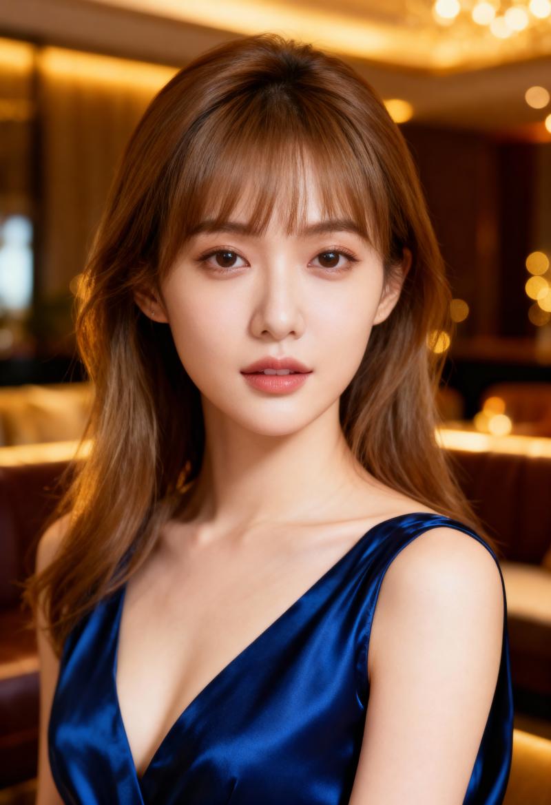 青いサテンのドレスを着た、長くストレートな茶色の髪と中性的な表情を持つ若い女性をポー...。