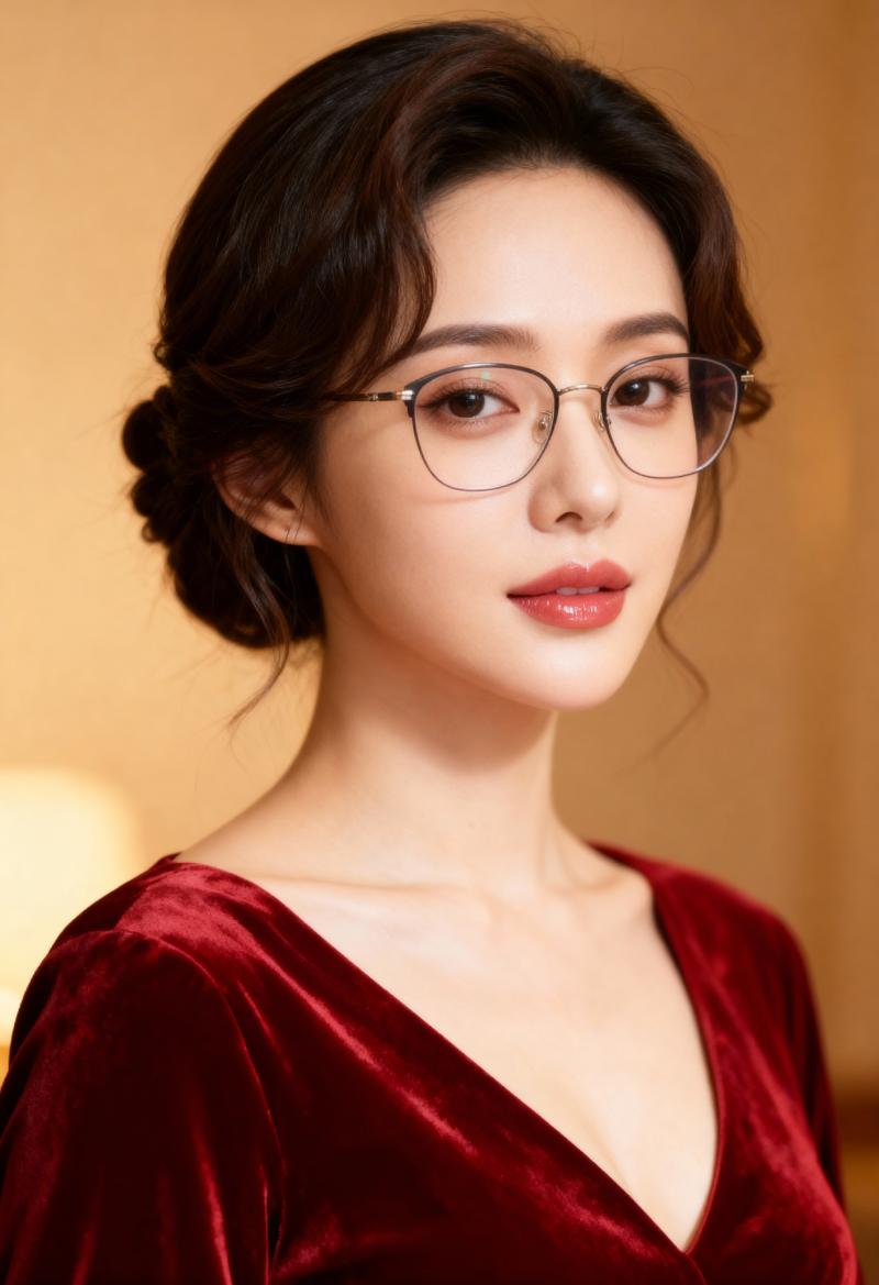 メガネと赤いベルベットのドレスを着た若い女性のポートレートをポートレート アングルか...。