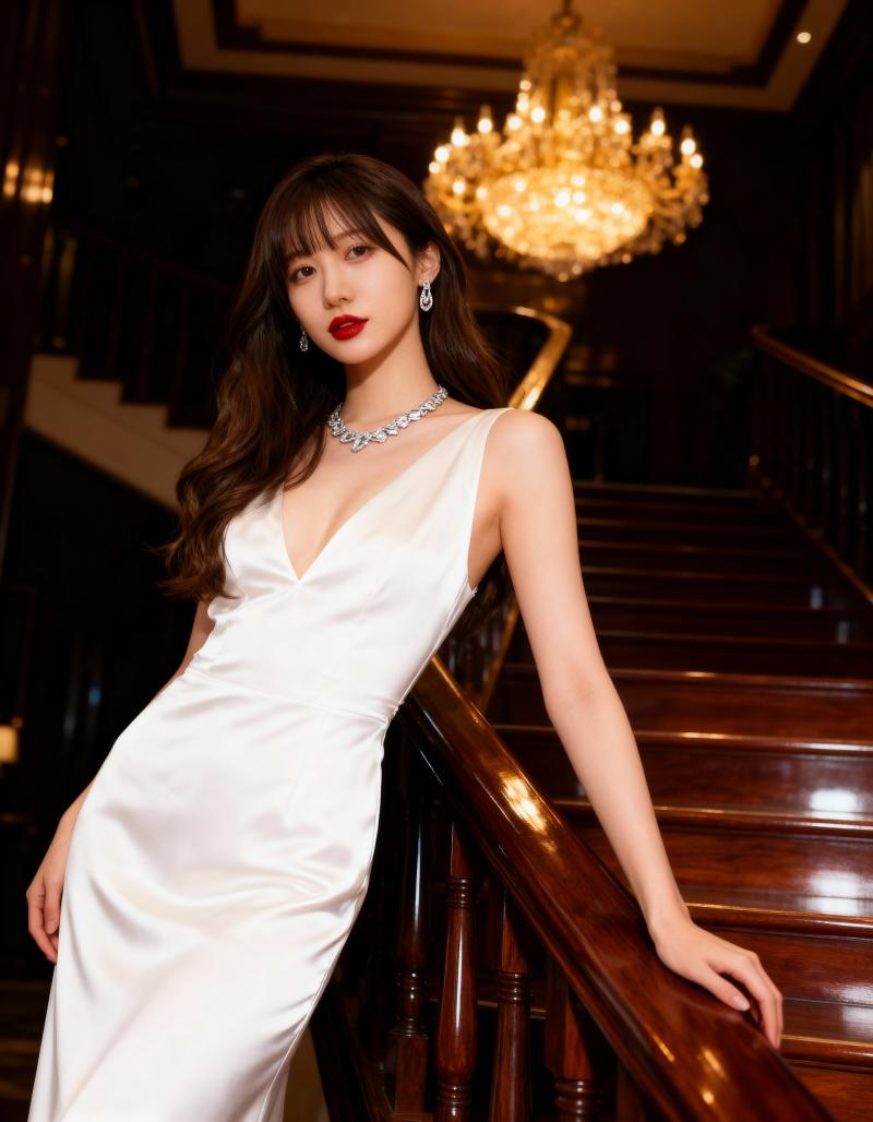 シャンデリアを背景にした豪華な部屋の大階段に白いフォーマルドレスを着た若い女性が立っ...。