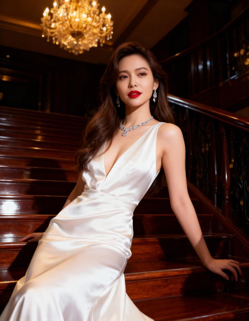 豪華な白いドレスを着た女性が、シャンデリアを背景に大ホールの大階段でポーズをとる、フ...。