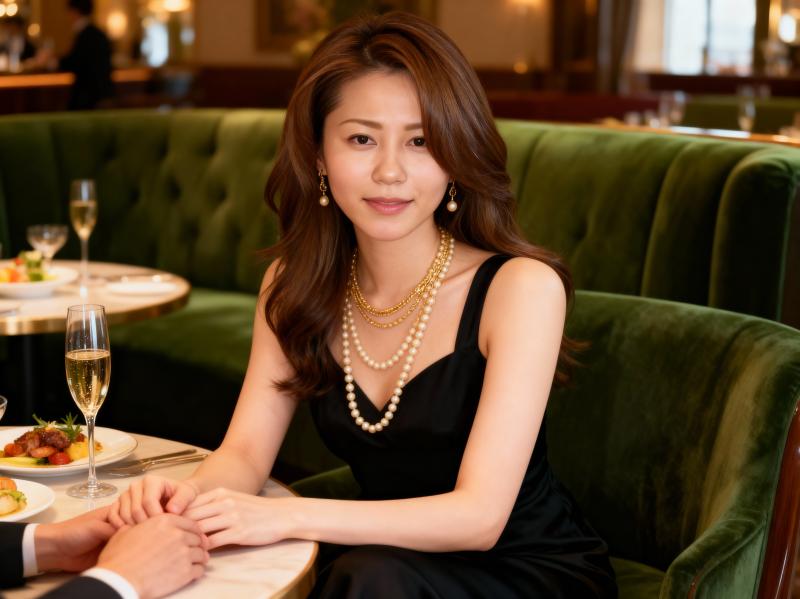 高級レストランのテーブルに座り、黒いドレスとパールのジュエリーを身に着けた女性をポー...。