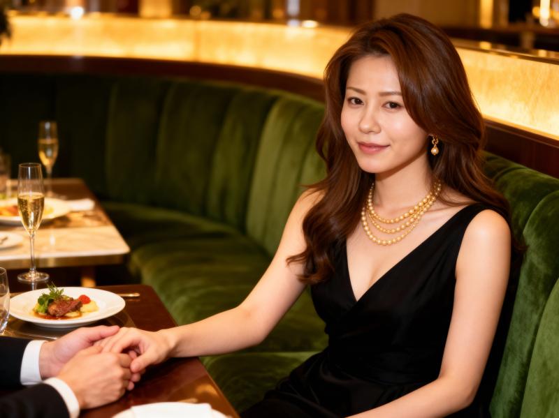 黒いドレスと真珠のネックレスを身に着け、レストランのテーブルに座り、男性と手を繋いで...。