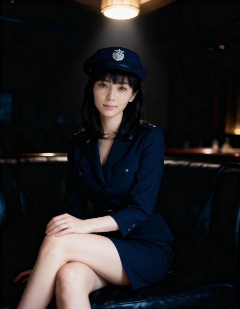 薄暗い部屋で黒い革張りのソファに座る警察官の制服を着た若い女性を、ポートレート アン...。