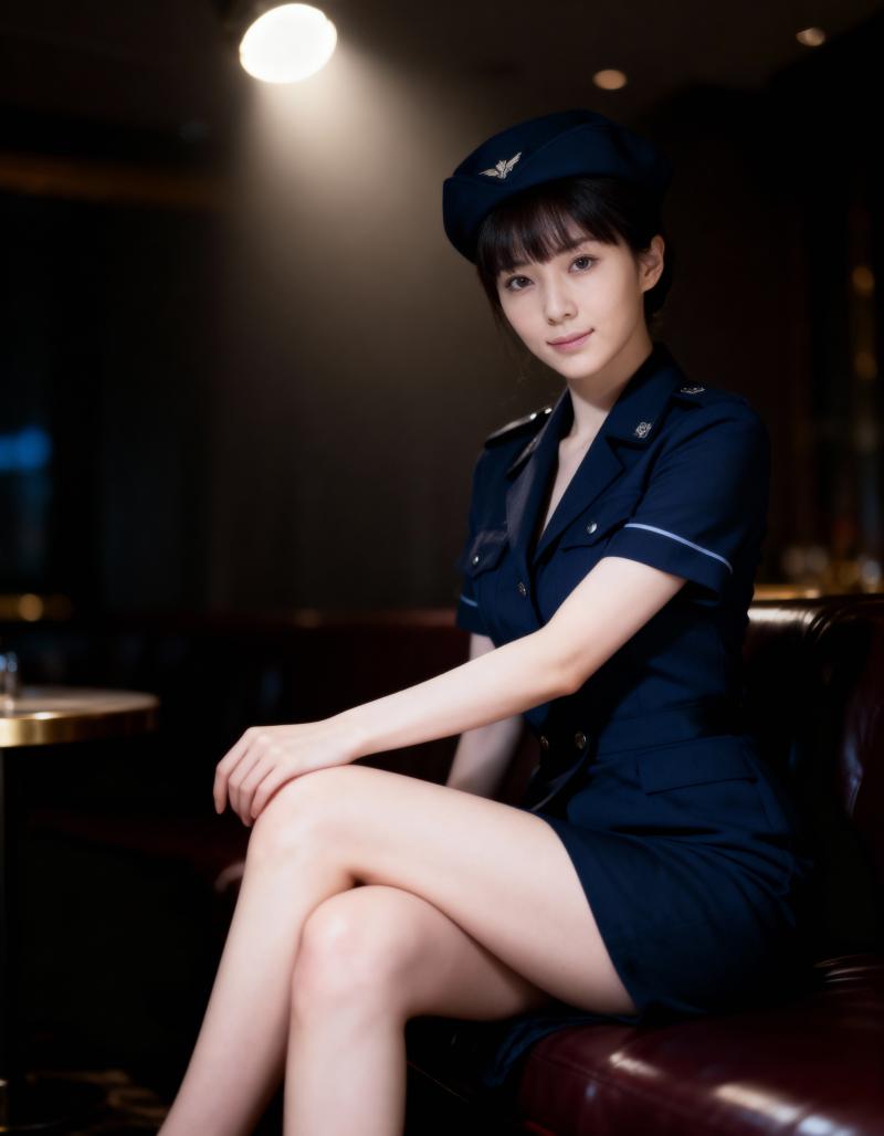 薄暗い部屋で革張りのソファに座る客室乗務員の制服を着た若い女性を横から撮影した写実的な写真。