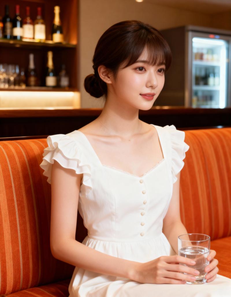 フリル袖の白いドレスを着て、カフェのソファに座り、水を持った若い女性を正面から写実的...。