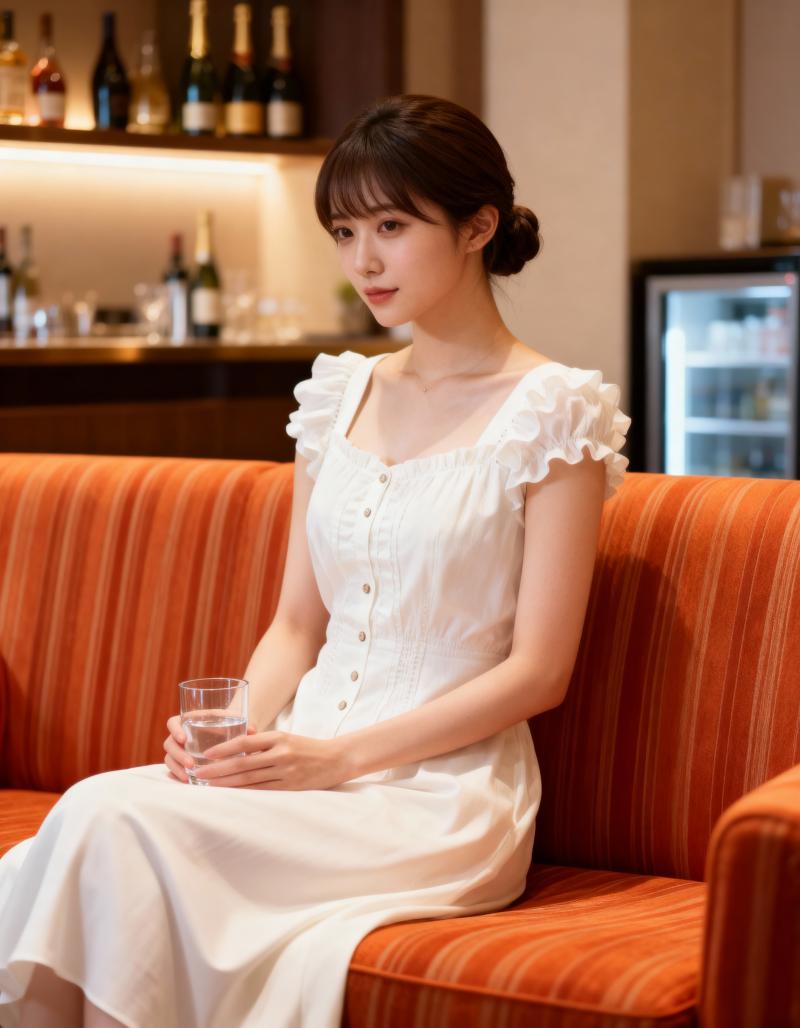 リラックスした雰囲気の中で縞模様のソファに座り、水の入ったグラスを持っている若い女性...。