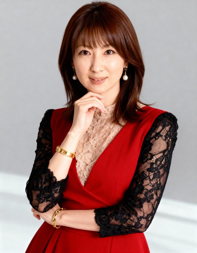 黒いレースの袖と金のブレスレットが付いた赤いドレスを着た、白い肌を持つ中年のアジア人...。