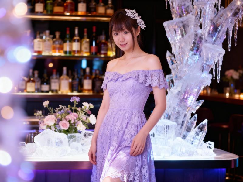 ラベンダーのレースのドレスを着た若い女性がボトルを背景にバーの前に立っている様子を、...。