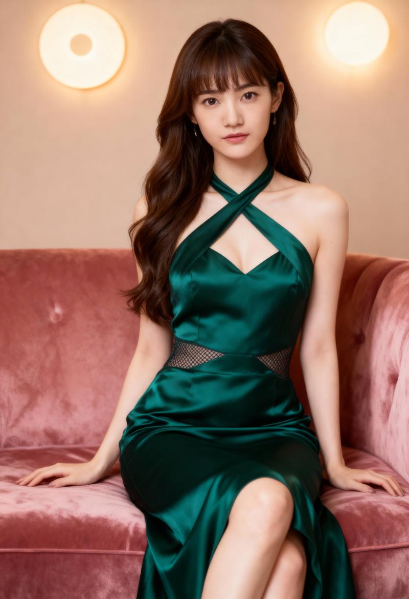 豪華な雰囲気の中でピンクのベルベットのソファに座っている若い女性を正面から写実的に撮...。