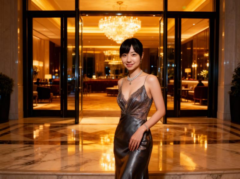 大きく開いたネックラインと細いストラップが付いた、きらめくシルバーのドレスを着て、夜...。