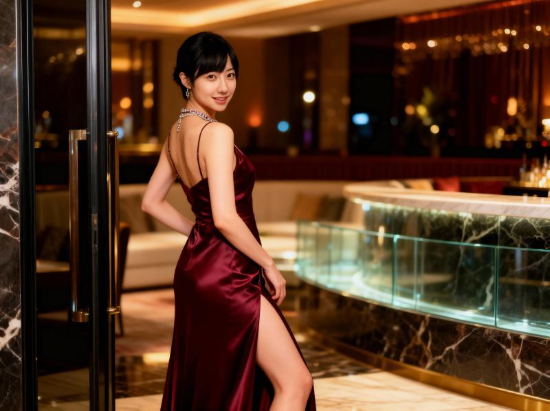 豪華な内装の中で、サイドにスリットの入ったバーガンディのサテンのドレスを着て、ガラス...。