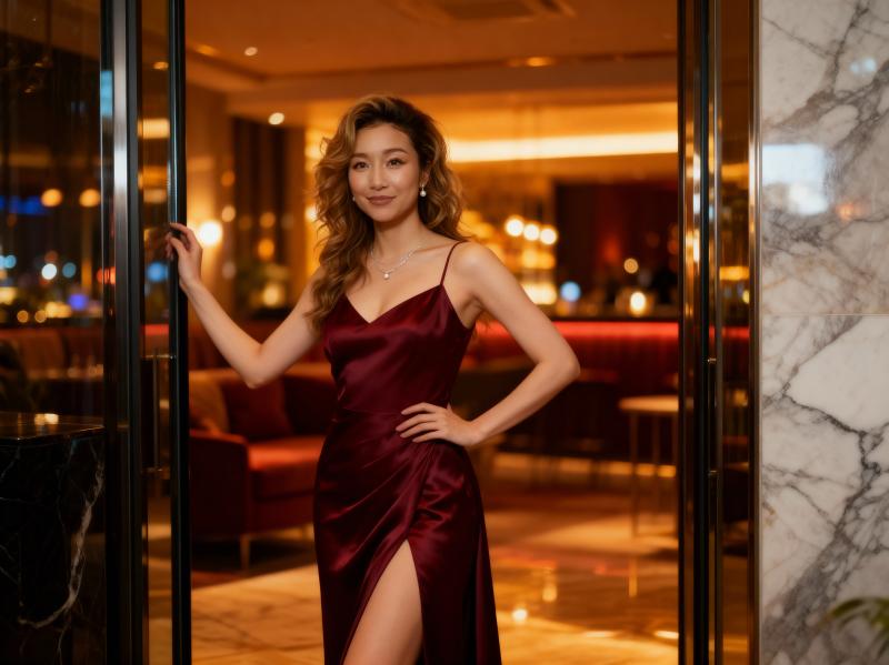 夜の豪華なホテルのロビーのガラス扉の前に立つ女性を横から撮ったフォトリアルな撮影。