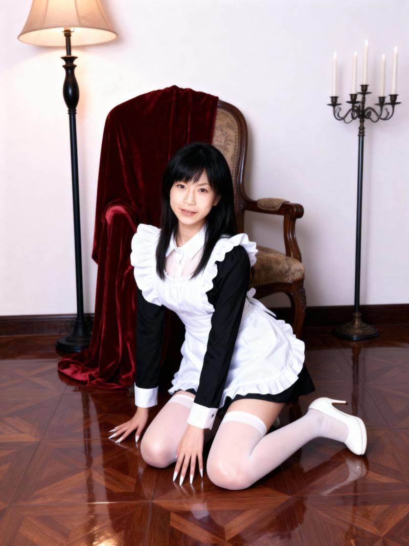 ワインレッドのベルベットの椅子と高い燭台を背景に、薄暗い部屋の木の床にしゃがむメイド...。