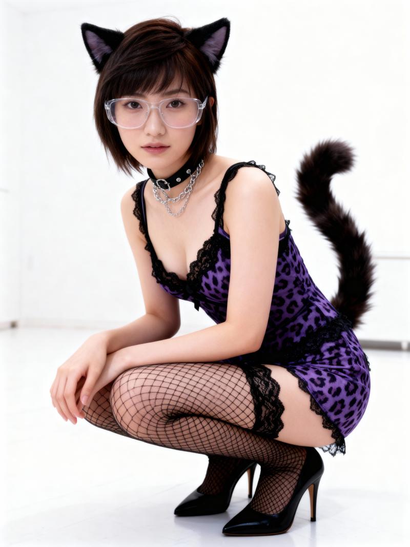 猫のキャラクターに扮した若い女性が、紫色のヒョウ柄のドレスと黒の網タイツを着て、画像...。