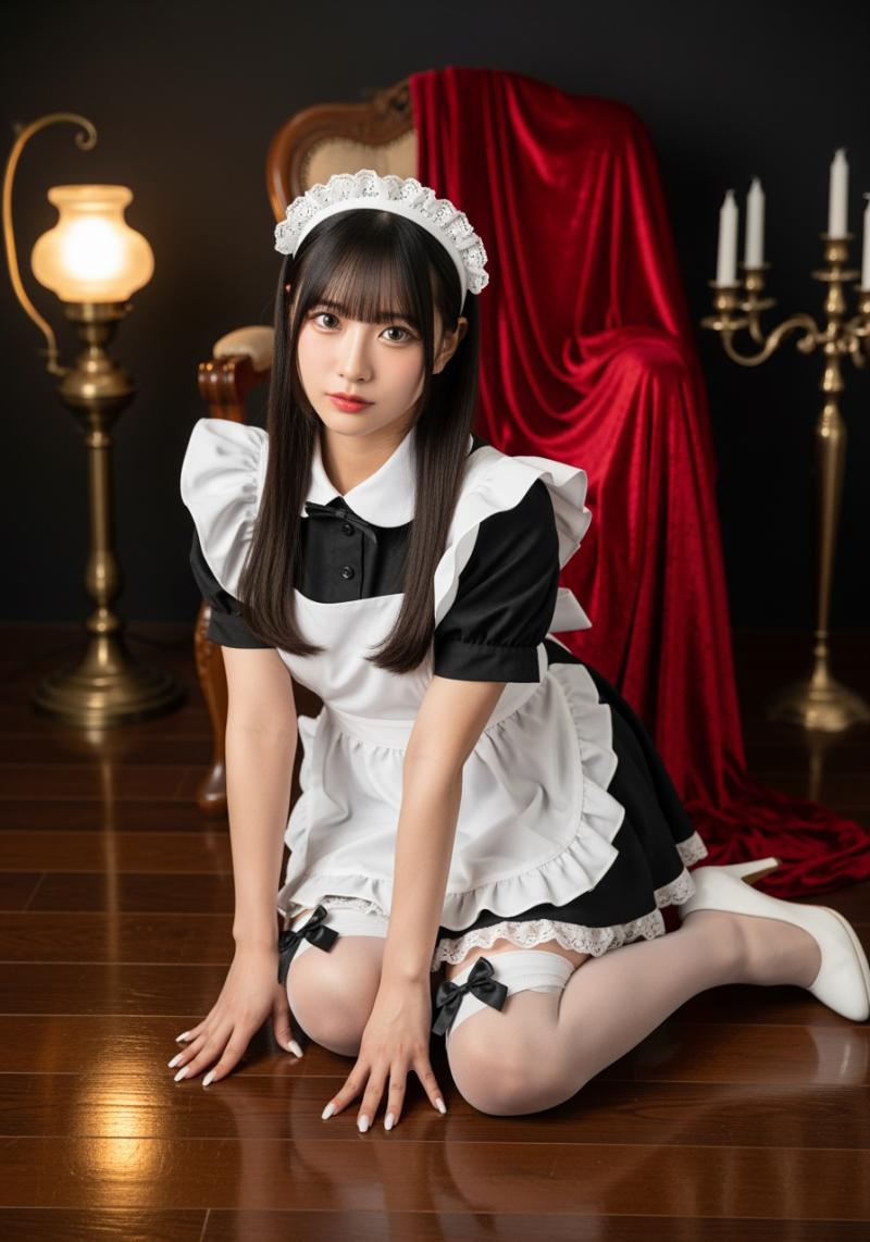 赤いベルベットの椅子と燭台を背景に、薄暗い部屋の木の床にしゃがむメイド服を着た若い女...。