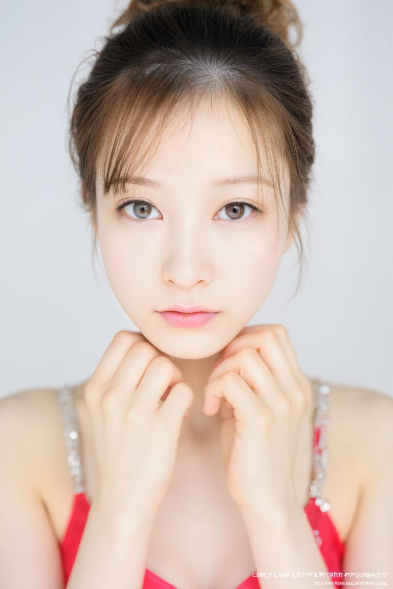 顔の前で手を組んでポーズをとる、中性的な表情の若い女性をクローズアップ カメラ アン...。