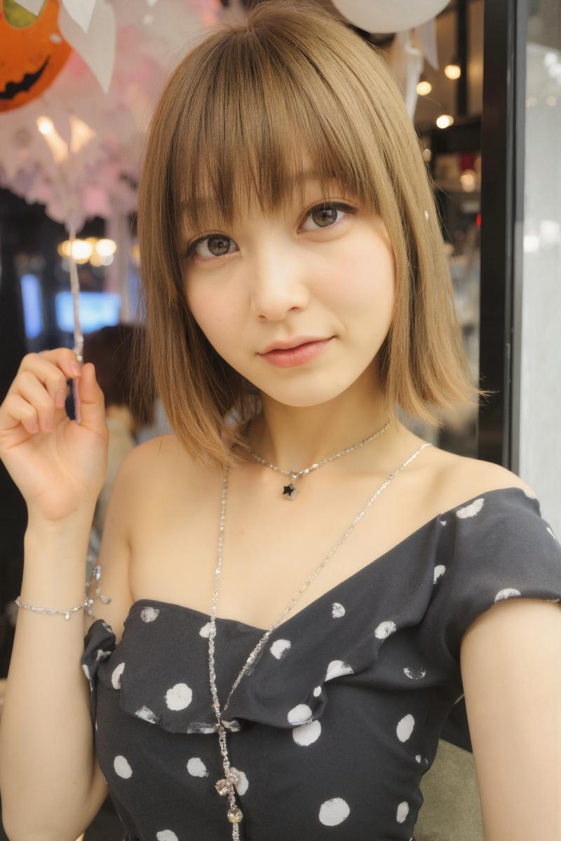 ボブのヘアカットをした若い女性が、中立的な表情でカメラを直接見つめている、写実的なポ...。