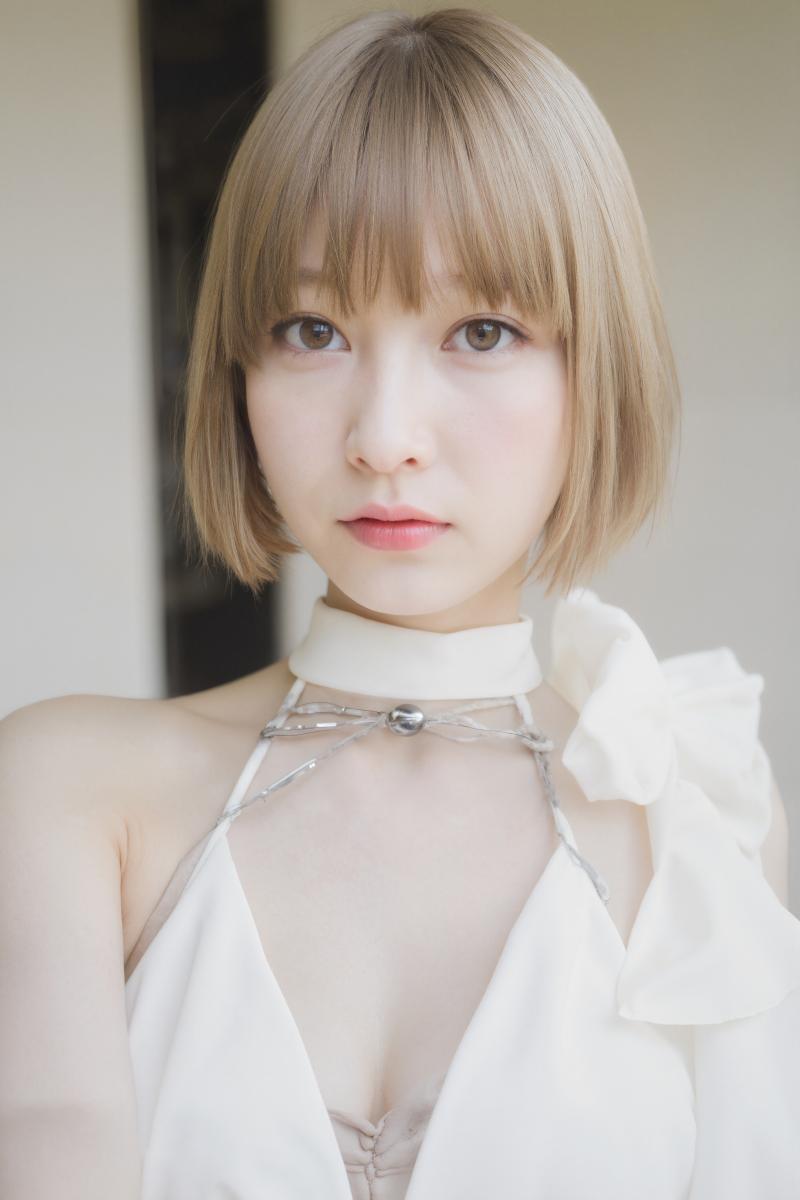 短いボブのヘアカットと茶色の目をした若いアジア人女性の接写。