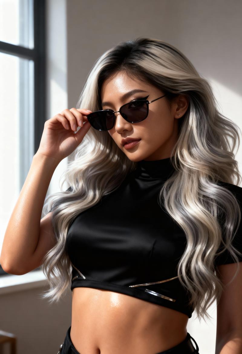 ジッパー付きの黒いクロップトップを着た、長くウェーブのかかった銀髪の若い女性をポート...。