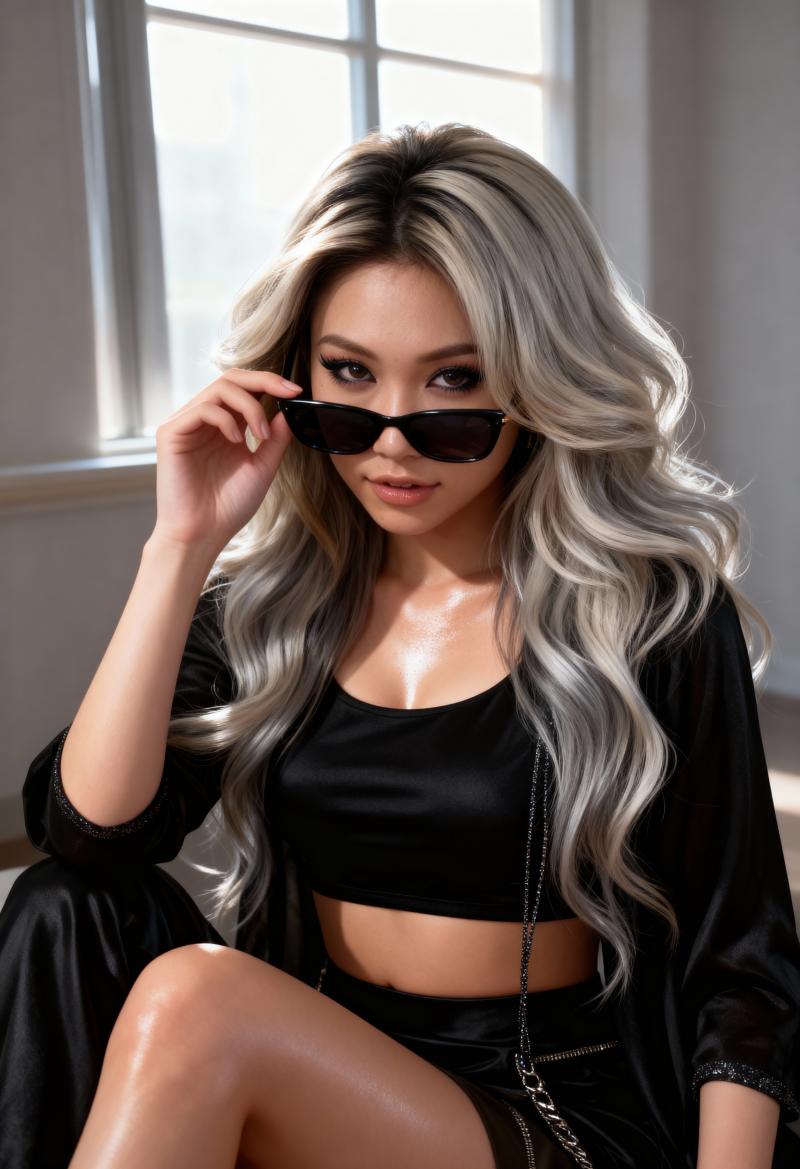 長いウェーブのかかった銀髪の若い女性が大きな窓の前に座り、黒いサングラスを持っている...。