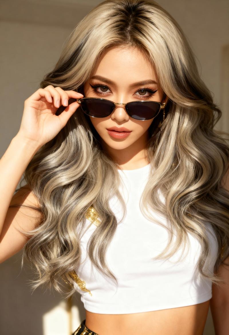 サングラスとトリミングされた白いトップを着た、ウェーブのかかった銀髪の若い女性をポー...。