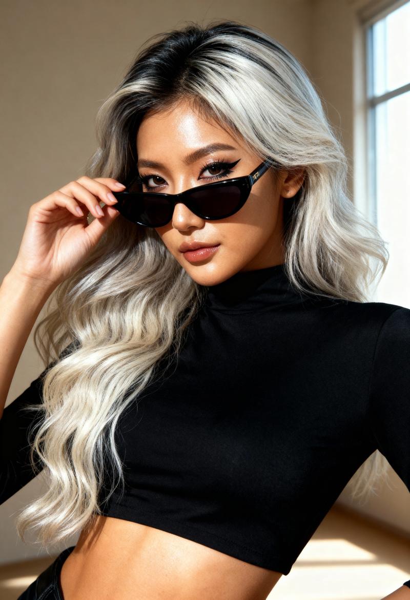 黒いサングラスと黒いクロップトップを着た、ウェーブのかかった長い銀髪の若い女性をポー...。