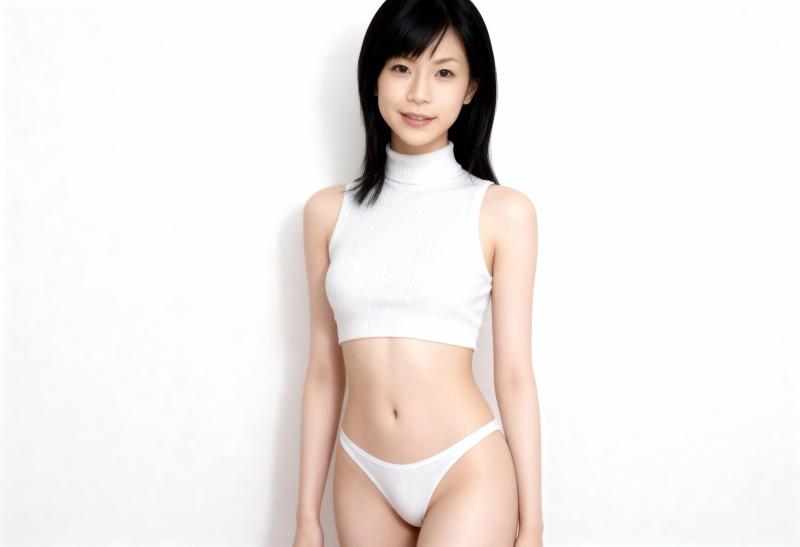 真っ白な背景に自信を持ってポーズをとるアジア系の若い女性を、正面カメラのアングルから...。