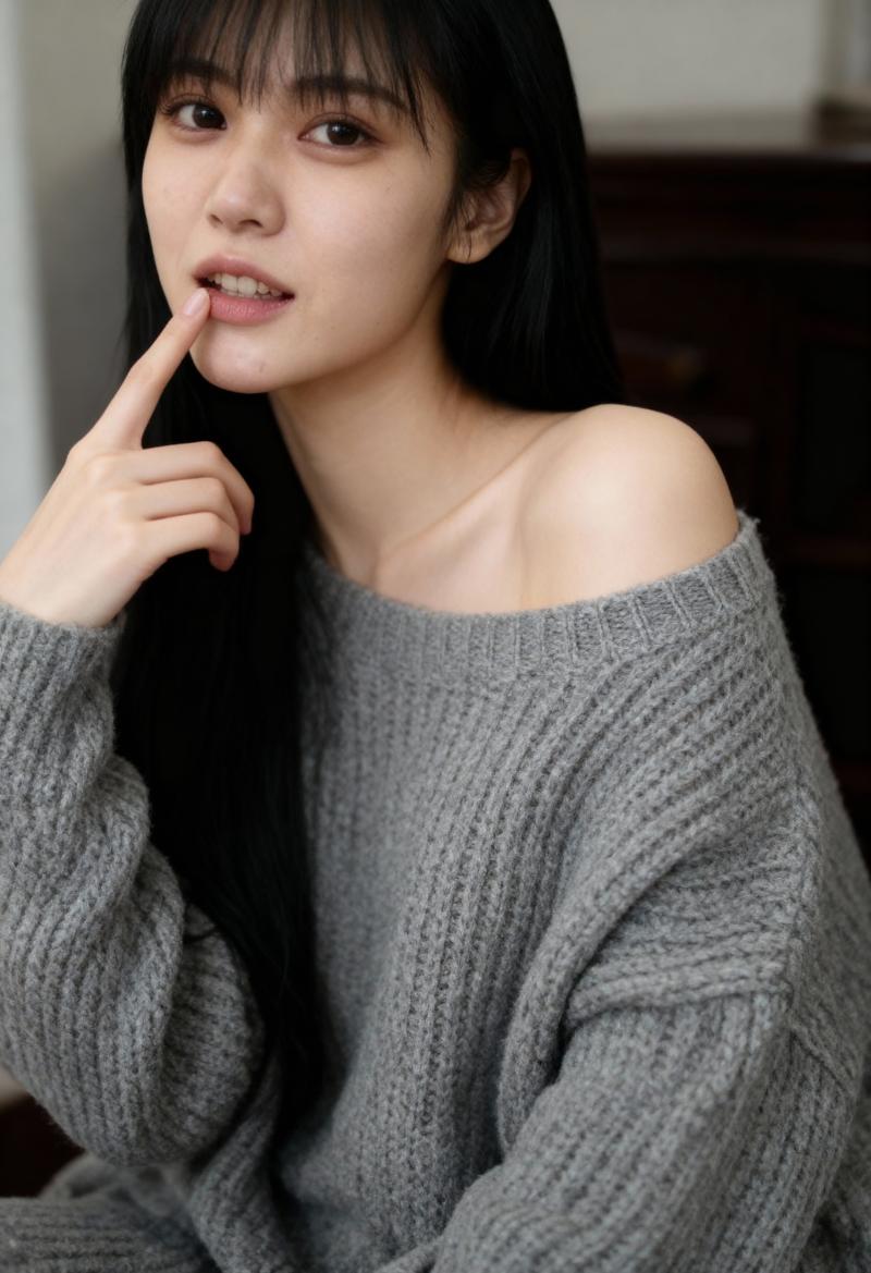 灰色のオフショルダー セーターを着た長い黒髪のアジア系の若い女性が、口元に指を当てて...。