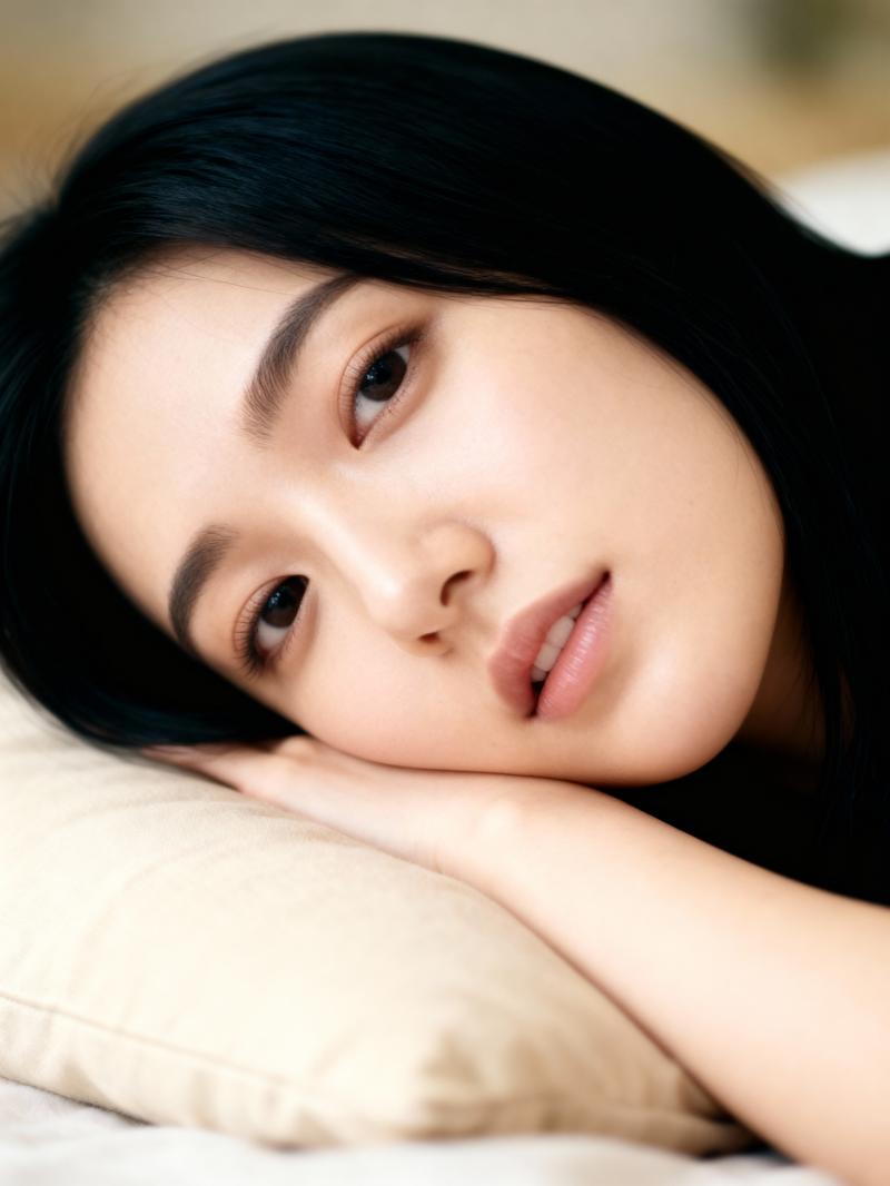 柔らかなベージュの枕に横たわり、穏やかな表情でカメラを直接見つめている若い女性のクロ...。