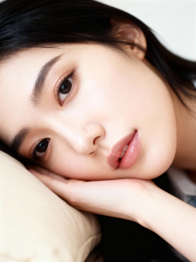 白い肌と濃い茶色の目をした若い女性が、カメラを直接見つめながら手にあごを乗せているク...。