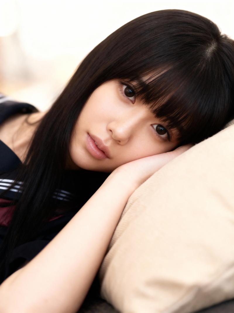 長く真っ直ぐなダークブラウンの髪と前髪を持ち、ベージュの枕にあごを乗せている若い女性の接写。