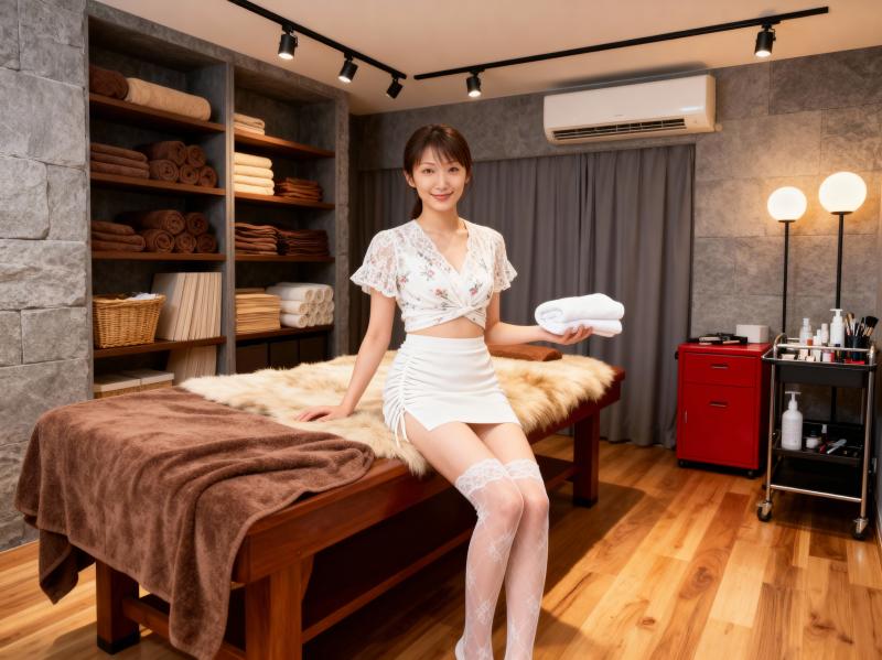 スパのような環境でマッサージ テーブルに座り、タオルの束を持っている若い女性を正面か...。