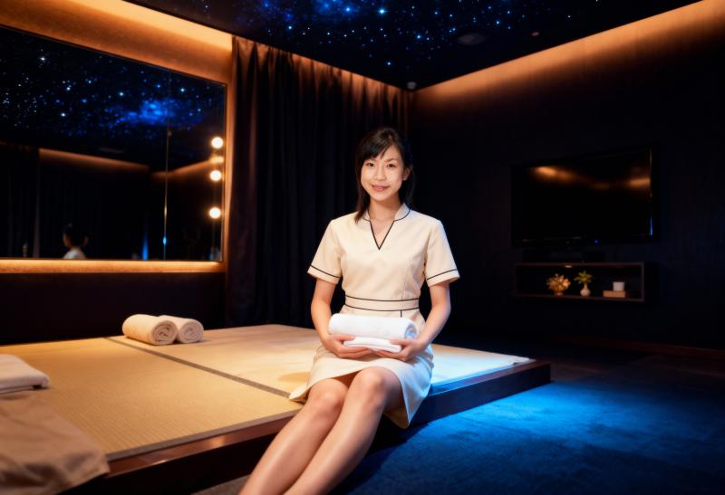 星空をテーマにしたフォトリアルな和風ホテルの客室。