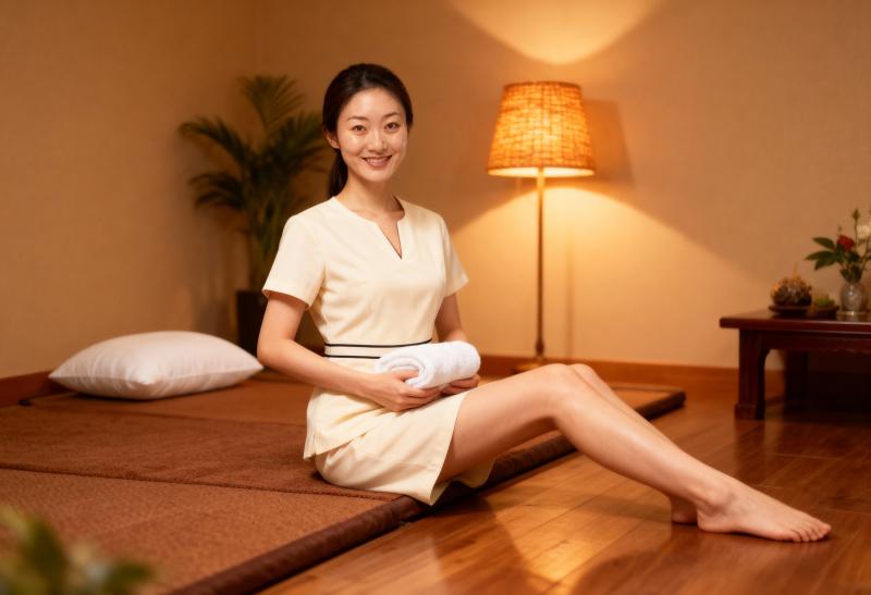 温泉室の畳に座る若い女性。