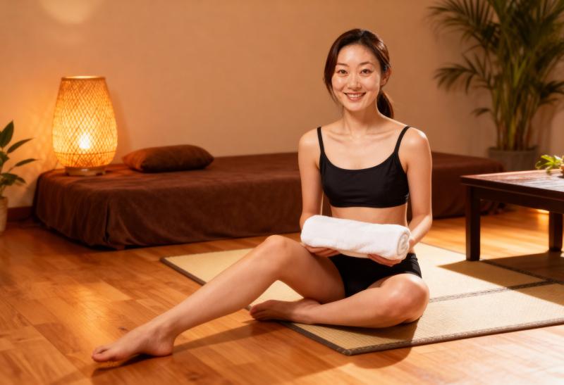 スパのような環境のマットの上に白いタオルを持って座っている若い女性を、フロント カメ...。