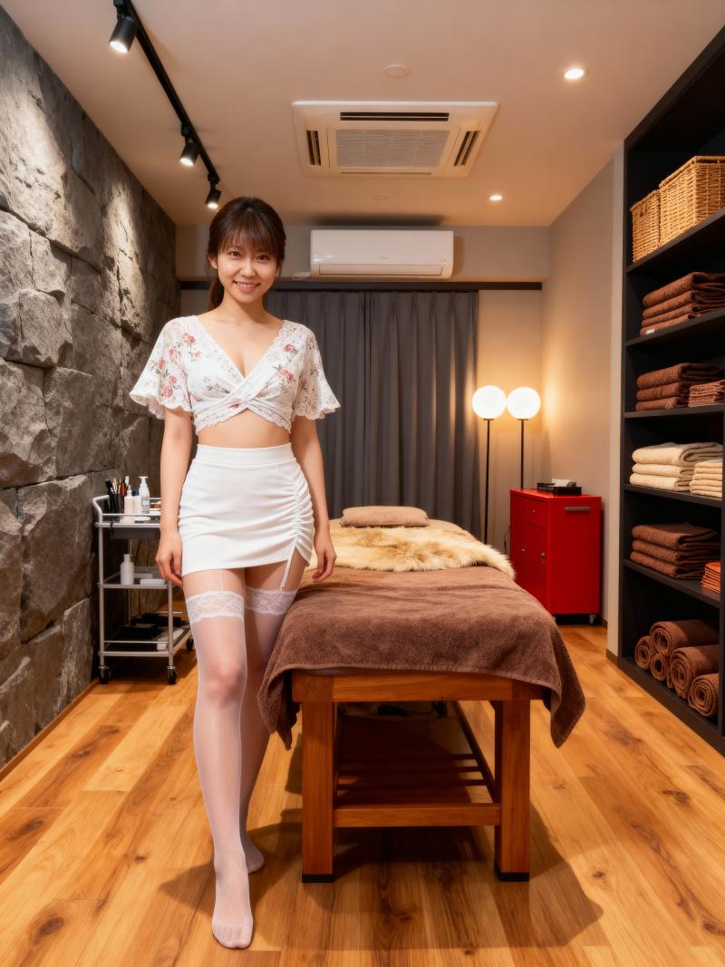 スパのような環境に立ち、自信に満ちた笑顔を浮かべている若い女性を正面から写実的に撮影...。