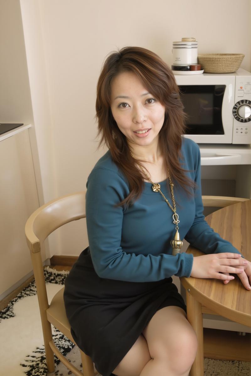 青いセーターと黒いスカートを着て、居心地の良いキッチンのテーブルに座っている若い女性...。