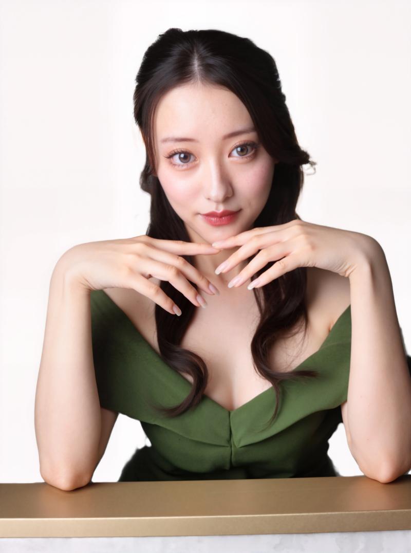 中くらいの大きさの胸を強調する緑のオフショルダーのドレスを着た、ウェーブのかかった長...。