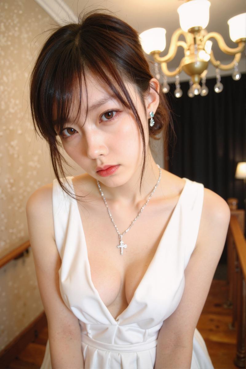 シャンデリアを背景にした薄暗い部屋で、十字のネックレスをつけた白いドレスを着てポート...。