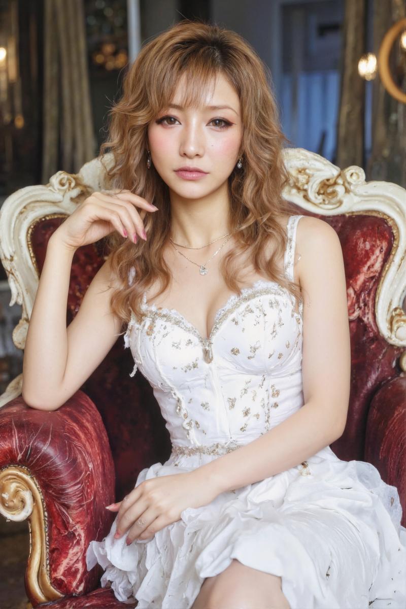 金の刺繍が施された白いドレスを着て、赤と金の豪華な椅子に座っている若い女性をポートレ...。