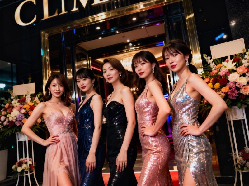 夜にクライブホテルの前に立ち、エレガントなイブニングドレスを着て写真を撮る5人のアジ...。